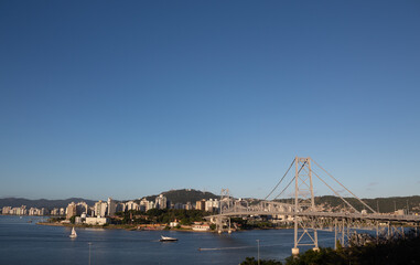 Fototapeta na wymiar bridge over the sea of Florianópolis Island and Hercílio Luz Bridge, Santa Catarina, Brazil, florianopolis