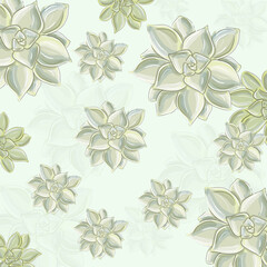 Succulent flower and branch with leaves, template, illustration in digital painting found in gardens and used for decoration and landscaping in lovelyl shades of green and white background.