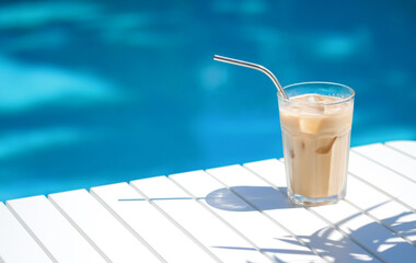 Ice coffee Cyprus Frappe Fredo against blue clear water of the swimming pool, on white table, with...