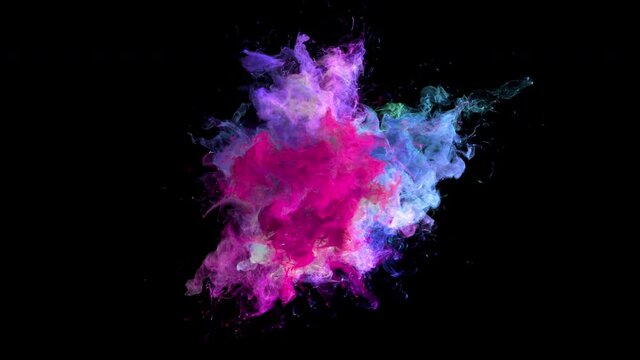 Color Burst - colorful magenta, blue, violet smoke powder explosion fluid ink. Particles in slow motion. Alpha matte isolated on black
