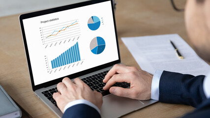 Business leader analyzing financial sales report, reviewing marketing research result on laptop screen. Professional studying statistic data for startup project strategy, planning budget, accounting