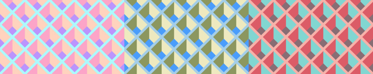 Seamless pastel pattern. Template for fabric or wrapping. Textile design. Optical illusions. Pastel colors. Modern textile. Geometric. Art Deco stylish background for cards. Blue, orange, yellow.