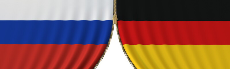 Russia and Germany political cooperation or conflict, flags and closing or opening zipper, conceptual 3D rendering