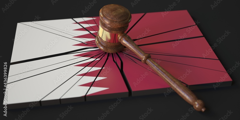 Poster judge's gavel and broken block with flag of qatar. conceptual 3d rendering