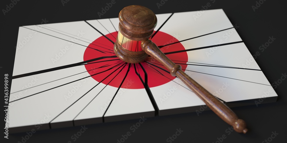 Aufkleber broken block with flag of japan and judge's gavel. conceptual 3d rendering