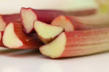 Rhubarb stalks on table, copy space
