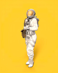 Astronaut and saxophone, yellow background. 3D illustration