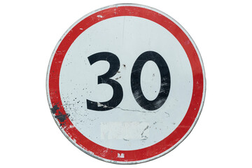 Scratched dirty roadsign 'Speed limit 30' isolated on white.