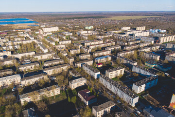 Volkhov city aerial view panorama, administrative center of Volkhovsky District in Leningrad Oblast, Russia, located on the river Volkhov, panoramic view summer sunny day