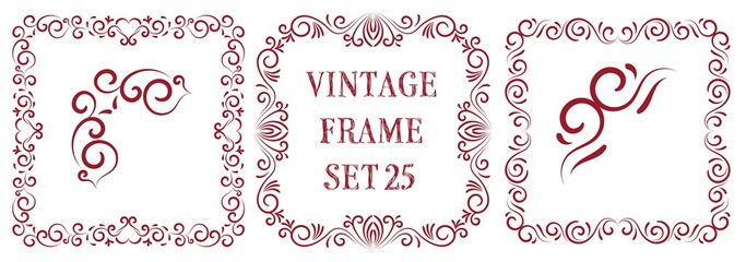 Hand drawn vintage frame set 25 vector illustration. Rectangle shaped retro style decoration with love hearts and swirls. Use it in wedding cards, invitations, decoration, woman's day, love projects.
