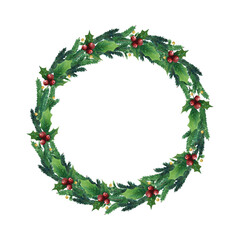 Hand drawn watercolour Christmas wreath isolated on white background.
