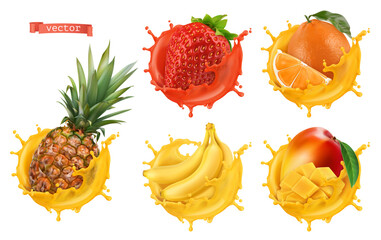 Pineapple, strawberry, orange, banana, mango juice. Fresh fruits and splashes, 3d realistic vector icon set