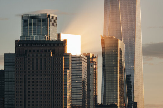 New York City - USA - Apr 7 2021: Sunset Light Close Up View of One World Trade Center Lower Manhattan