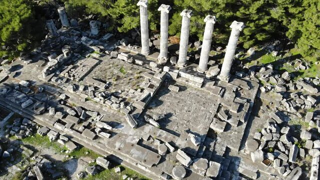 Aerial drone view of Temple of Athena Polias in the Ancient Priene, Aydin Province, Turkey