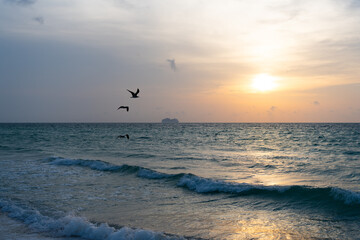 Beautiful twilight beach. Early morning, sunrise over sea. Ocean sunset on sea water with sunset sky