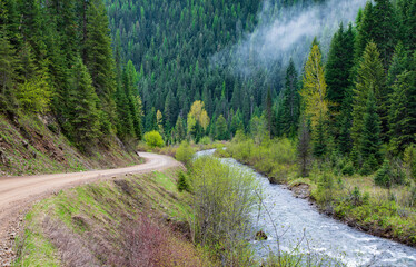 Road and river split up on Moon Pass Idaho