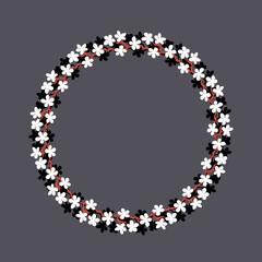 Colorful flowers wreath.Delicate wreath of sakura branches.Flowers blossom hand drawn,circle frame of black and white colors flowers on gray.Design for invitation,wedding invitation or greeting cards