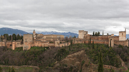 Fototapeta na wymiar Panoramic view of the Alhambra in Granada, in the background Sierra Nevada, Spain