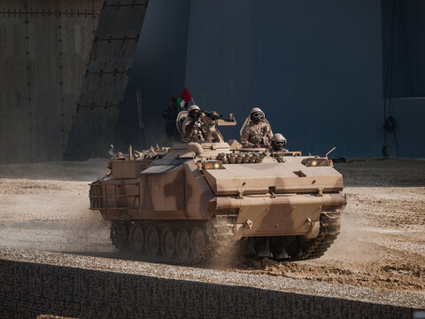 Abu Dhabi, UAE - Feb.20.2013: FNSS ACV-300 APC (Armoured personnel carrier) at IDEX 2015 IDEX 2013 military exibition
