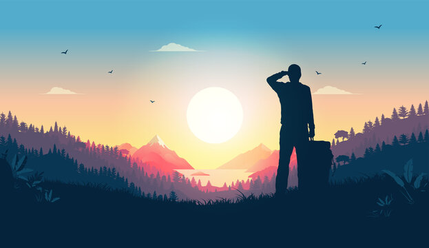 Hiker Watching Sunrise From Hill - Man Looking At Beautiful View Over Warm Landscape, Enjoying The Start Of A New Day. Happiness, Positive And Contentment Concept. Vector Illustration.