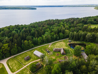 Open-air ethnographic museum Rumsiskes in Lithuania, drone PoV