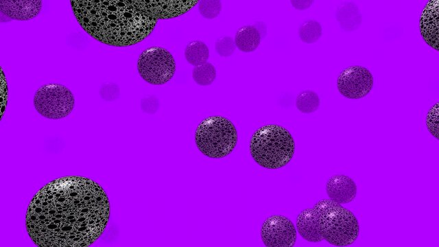 Balls fly and jump on a colored background. 3D animation of round dark objects in purple fog.