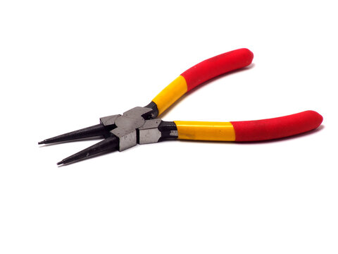 Picture of snap ring plier that has a yellow - red handle