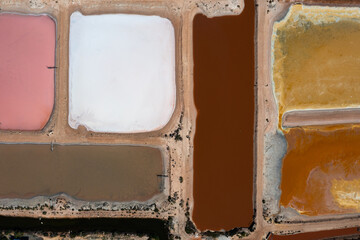 Aerial view of Ponds at Hutt Lagoon or Pink Lake near Port Gregory in Western Australia, Pink color created naturally by bacteria and harvested in ponds by BASF for beta-carotene
