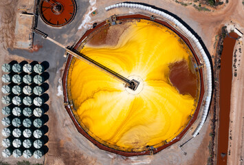 Aerial view of industrial mixing machine at Hutt Lagoon or Pink Lake near Port Gregory in Western...