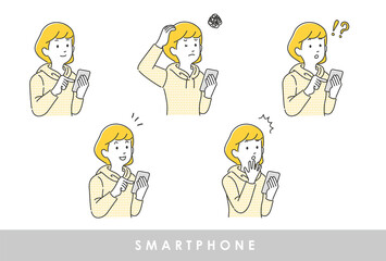 スマートフォンを操作している女性のイラスト素材 セット
