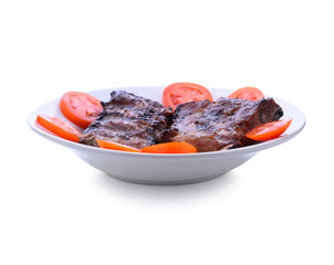 A piece of raw meat on the ribs isolated on white background