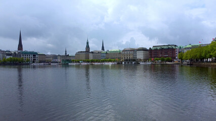 The beautiful city center of Hamburg with Alster River lake - aerial photography