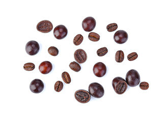 chocolate covered coffee beans on white background. top view