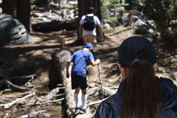 three people hiking across a log