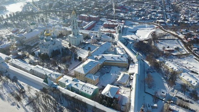Aerial panoramic view of Holy Trinity St. Sergius Lavra in Sergiev Posad on sunny winter day, Russia