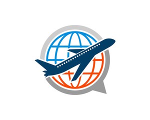 Bubble chat with abstract globe and flying plane inside