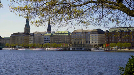 Naklejka premium The beautiful city center of Hamburg with Alster River lake - travel photography