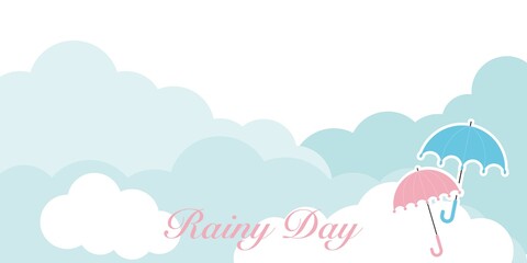 Rainy day concept illustration decoration whit clouds and Umbrella. Summer Rain season background. Card, frame, invitation, banner design. Vector illustration.