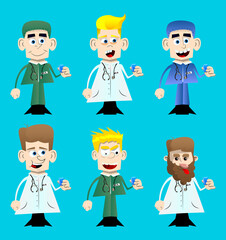 Funny cartoon doctor drinking brandy. Vector illustration. Health care worker with  small glass of alcohol.