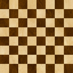 Brown and tan checkered chess board background. Polished marbled stone textured squares. Seamless.