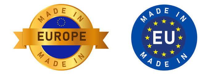 Made in Europe European Union EU label stamp for product manufactured by European company seal golden ribbon and flag