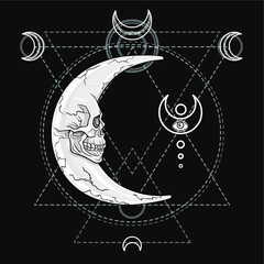 The fantastic moon, in the form of a human skull. Esoteric symbol, sacred geometry. The monochrome drawing isolated on a black background. Vector illustration. Print, posters, t-shirt, textiles.