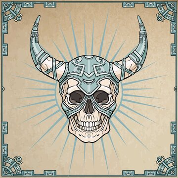 Fantastic horned human skull in iron armor. Esoteric image of the demon, shaman, mythical character. Boho design. Background -  imitation of old paper, a frame from iron elements. Vector illustration.