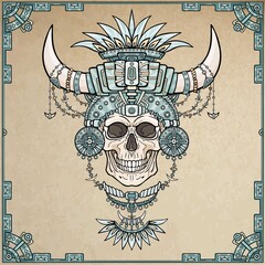The shaman's mummy, human skull in magic clothes with animal horns. Boho design, Indian motives. Background - imitation of old paper, a decorative frame. Vector illustration.