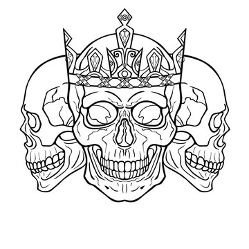 Three royal skulls. Vector illustration: the black silhouette isolated on a white background. Be used for coloring book. Print, posters, t-shirt.