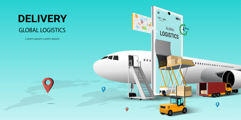 Global logistic  delivery online service on mobile, transportation. Air freight logistics. Online order. airplane, warehouse and parcel box. 3D Perspective Vector illustration - obrazy, fototapety, plakaty