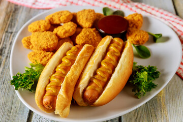 Fast food concept. Hot dog with chicken nuggets.