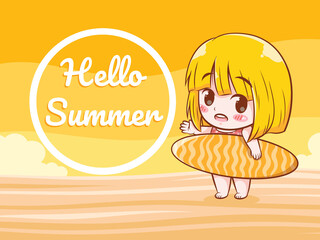 A cute girl holding a surfing board says hello summer. summer greeting concept illustration.