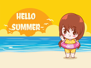 A cute girl with a swimming ring says hello summer. summer greeting concept illustration.