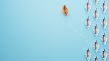 Illustration of leadership concept with orange paper boat leading among white origami boats on blue background	
